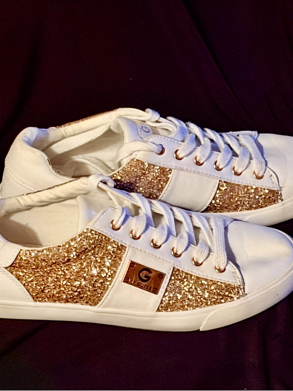 New Guess White Sneakers with Gold Glitter Panels.